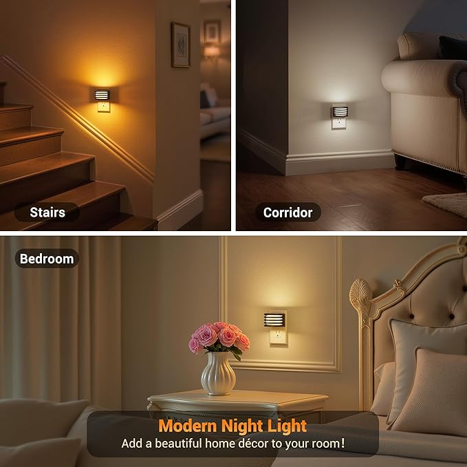 JandCase LED Night Lights Plug into Wall, [2 Pack] Night Light with 3 Colors 3000K-5000K-Amber, 3 Level Brightness Adjustable Plug in Night Light, Dusk to Dawn Nightligts for Adults Bedroom Bathroom