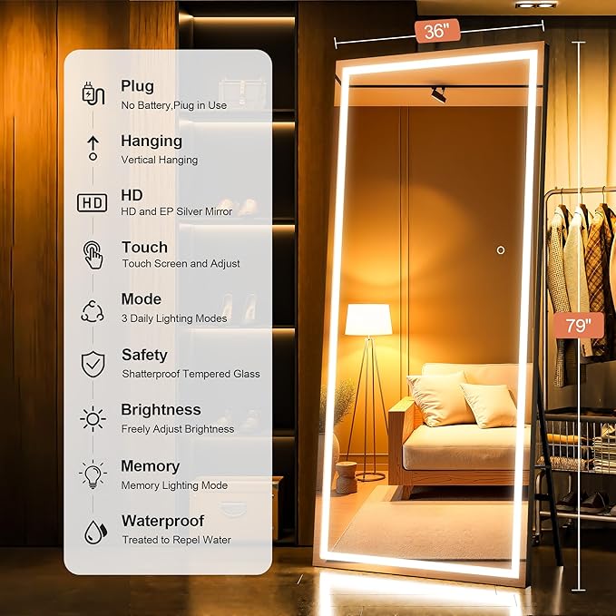 79" x 36" Full Length Mirror with Lights, Large LED Lighted Floor Standing Body Mirror, Dimmable & 3 Color Lighting for Bedroom, Cloakroom, Dressing Room, Tempered Glass, Black Frame