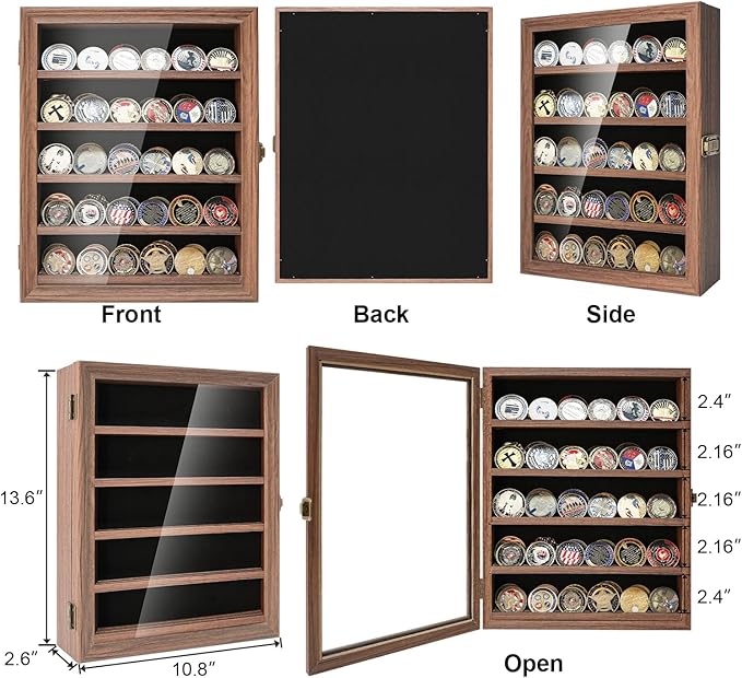 Military Challenge Coin Display Case Holder with HD Toughened Glass and Wall Mount, Wooden Coin Stand Rack with Removable 2 Grooves Shelves, Rustic Brown…