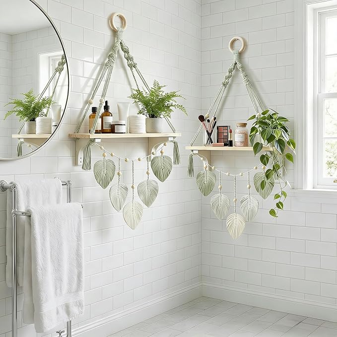 Wooden Floating Shelves for Room Wall, Hanging Storage Organizer, Boho Wall Decor, Plant Shelf for Bathroom, Bedroom, Office, Kitchen, Living Room, Dorm (Green, 2 PCS)