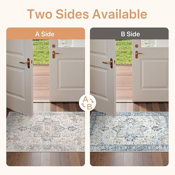GENIMO 2x3 Reversible Door Mat for Entryway, Machine Washable Non Slip Vintage Rugs, Low Pile Lightweight Soft Print Rug for Hallway, Corridor, Home, Office, Kitchen, Taupe & Blue
