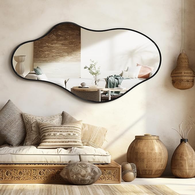 Dorlicecass Bathroom Mirrors for Over Sink - Long Wall Mirrors Decorative 20"x 36" Asymmetrical Abstract Aviation Aluminum Alloy Frame Unique for Bedroom, Living Room, Cloakroom, Entryway Black