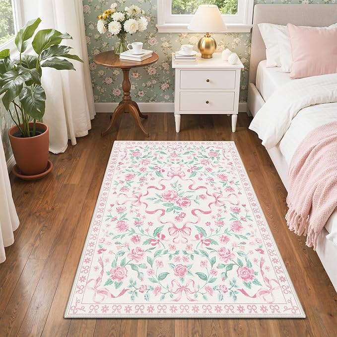 GENIMO 5X7 Washable Vintage Area Rugs for Living Room, Non-Slip Low Pile Chenille Print Rug, Soft Rugs for Bedroom Dining Room Home Office, Pastel Pink