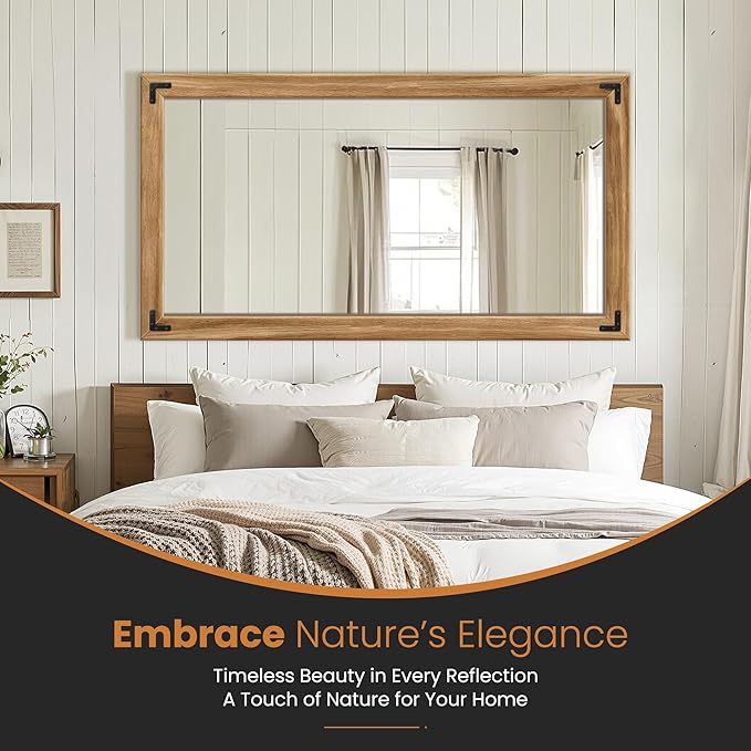 TRAHOME Full Length Mirror with Wooden Frame, 55"X30" Solid Wood Standing Floor Mirror for Farmhouse, Bathroom, Bedroom Decor, Hanging or Leaning Wall-Mounted