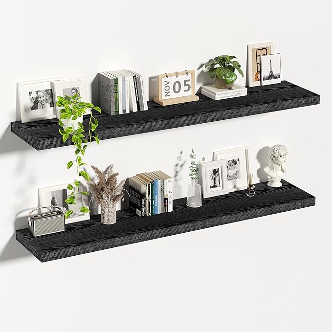Vivelove Black Floating Shelves 55 Inches Wide, 12" Deep Wall Shelves for Bedroom, Bathroom, Living Room, Kitchen, Office, Rustic Home Decor Shelf with Invisible Brackets, 55" X 12" X 1.5", Set of 2
