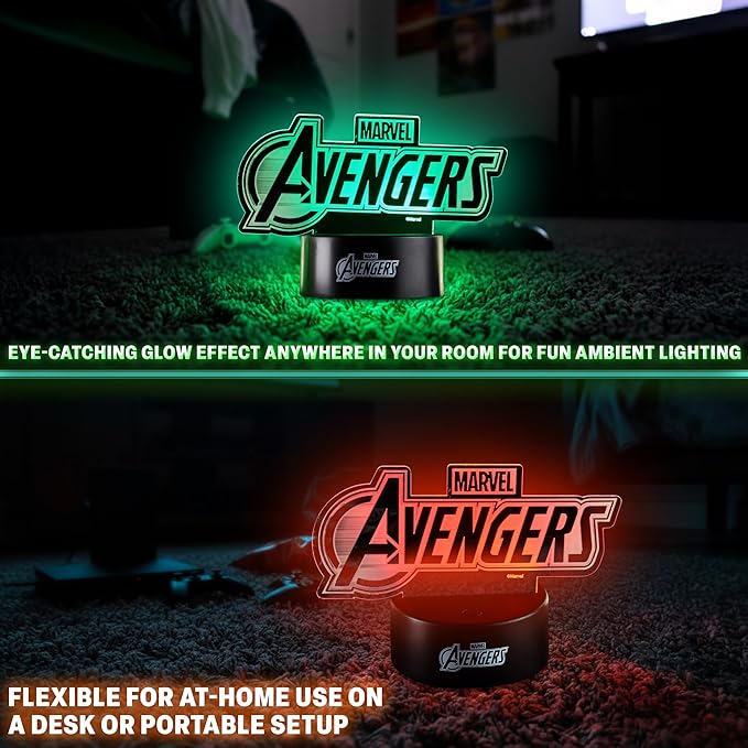 Get Trend Marvel Avengers 3D Illusion Night Light for Kids, 16 Colors, 4 Lighting Modes, Dimmable, Dual Powered LED Desk Lamp with Remote Control, Bedroom Decor, Gifts for Boys, Girls (Multi Avengers)