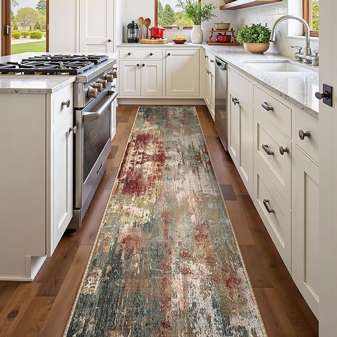 RELEANY Washable Area Rugs 2'x8' Non-Slip Modern Abstract Soft for Living Room Entryway Bedroom Nursery, Print Pattern, Brown Rust Red Green Blue Multi