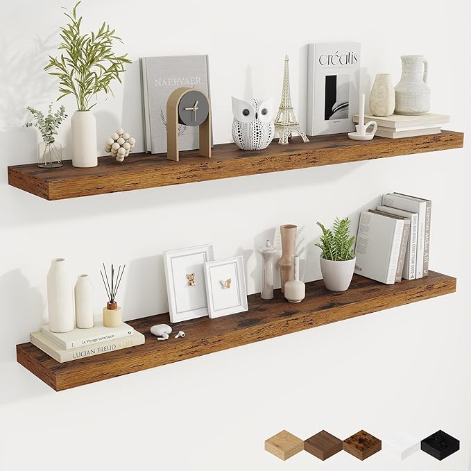 Fun Memories 55 Inch Fireplace Mantel Shelf, 9.3" Deep Floating Shelves for Wall, Long Wall Mounted Farmhouse Display Shelves with Invisible Heavy Duty Metal Bracket, Brown, 2 Pack