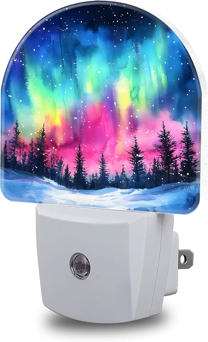 Night Light, Northern Lights in Winter Forest Sky Night Lights Plug into Wall Dusk to Dawn Sensor Round Nightlight for Women Men Energy Efficient Led Lamp 0.5W for Stairway Hallway Bedroom