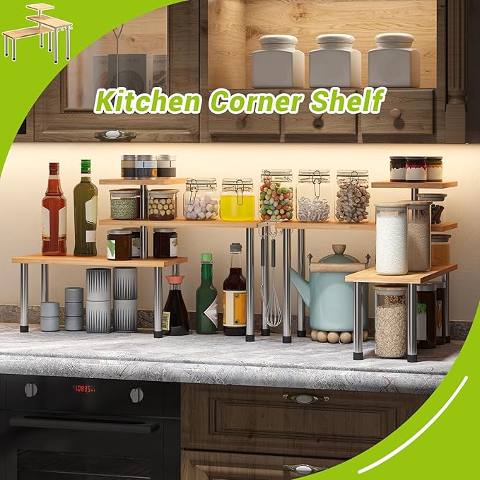BMOSU Kitchen Corner Shelf Countertop Organizer with Hooks Adjustable Spice Rack Corner Display Rack Shelf Cabinet Counter Shelves(Bamboo)
