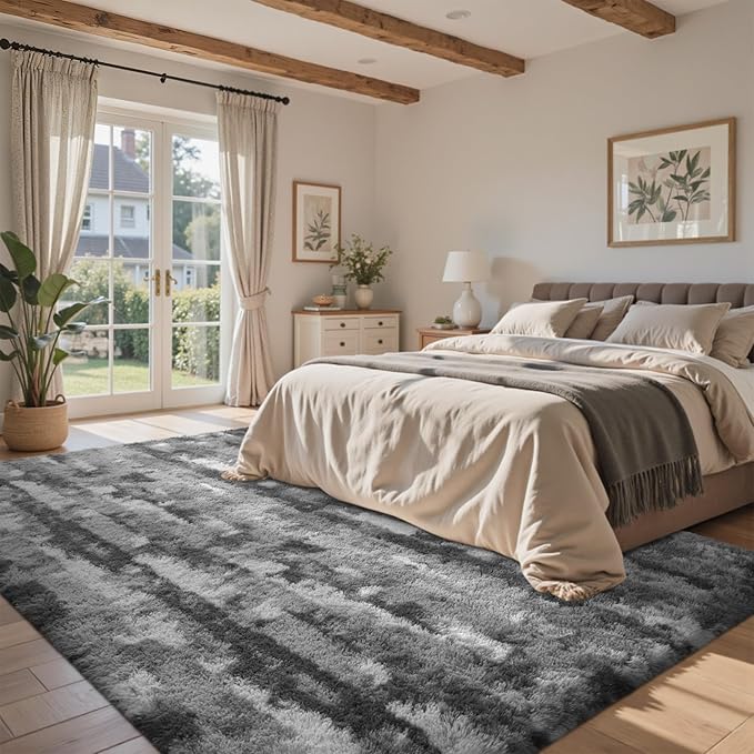 5x7 Feet Area Rugs for Living Room, Grey and White Plush Fluffy Shaggy Bedroom Rugs Non-Slip, Ultra Soft Carpet for Nursery Kids PlayRoom Dorm Office Indoor