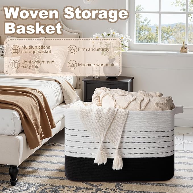OIAHOMY 108L Extra Large Blanket Basket, 25”x16”x16” Rectangle Woven Cotton Rope Baskets for for Living Room, Toy Storage with Handle- Gradient Black