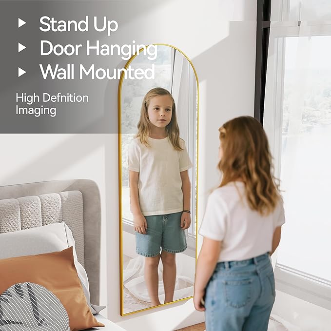 SCWF-GZ 57x20 Door Hanging Full Length Mirror, Floor (Height 5.7ft just Body in1.3ft) or Wall Mounted Metal Frame Arch Dressing Mirrors for Bedroom Bathroom Living Room 57 20 inch Gold