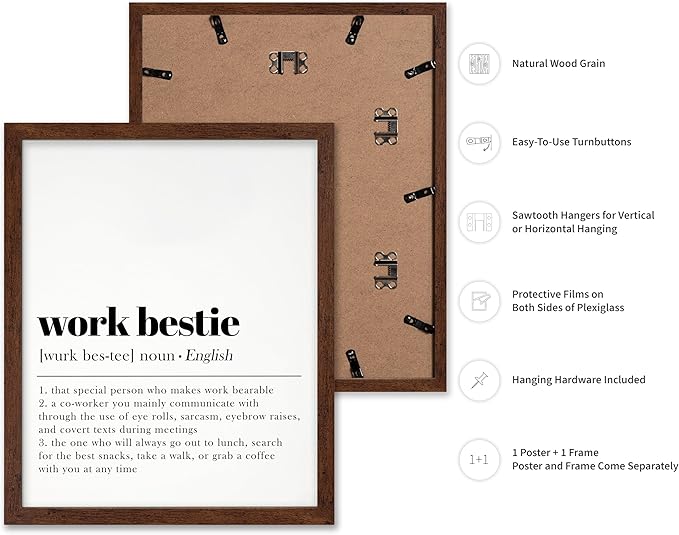 Poster Master Typography Poster - Dictionary Print - Work Bestie Definition, Special Person Who Makes Work Bearable - Gift for Colleague, Friend - Wall Decor for Home, Office, 8x10 Brown Framed