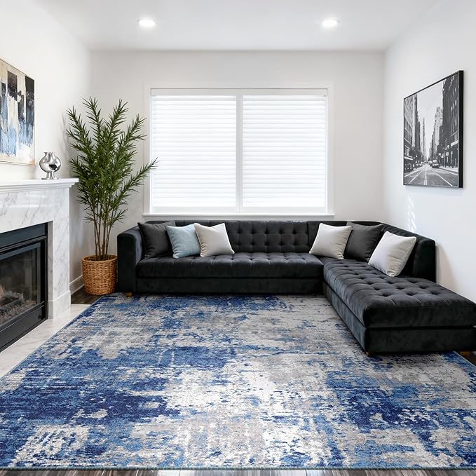 RELEANY Washable Area Rugs 10'x14' Non-Slip Modern Abstract Soft for Living Room Entryway Bedroom Nursery, Print Pattern, Blue Grey Navy Gray