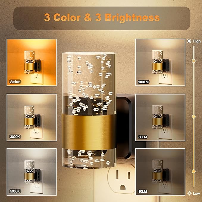 JandCase Night Lights Plug into Wall, Color Changing Night Light,10/50/100LM Adjustable Brightness Nightlight,Amber/3000K/5000K LED Nightlight with Dusk to Dawn Sensor for Home Decor