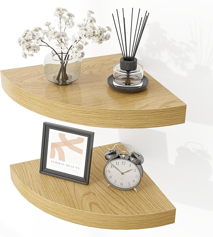 Fun Memories Floating Corner Shelves Set of 2 - Rustic Wood Wall Mounted Storage and Display Shelves for Living Room, Bedroom, Kitchen, Bathroom - Space Saving Home Decor, Oak