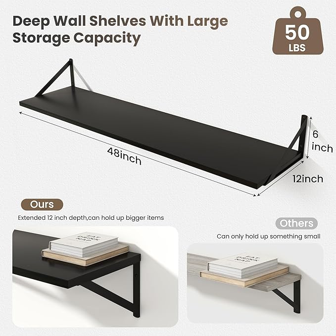 Marsmiles 12 Inch Deep Floating Shelves | 48 Inch Black Wall Shelves Set of 2 | Rustic Wood Floating Shelves for Living Room Bedroom Bathroom