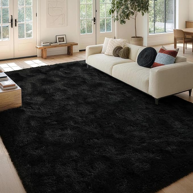 FinRèc 8x10 Feet Black Rugs for Living Room Bedroom, Fluffy Shaggy Area Rug, Non-Slip Soft Shag Rug for Nursery Kids Room Dorm Room Home Decor, Indoor Plush Floor Carpet