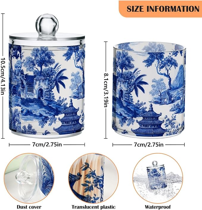 2 Pack Apothecary Jars Blue Chinoiserie Pagodas Trees Bathroom Vanity Storage Organizer Set,Small Clear Plastic Storage Jars Bathroom Canister for Cotton Swabs, Rounds, Balls, Qtips,Makeup Spon