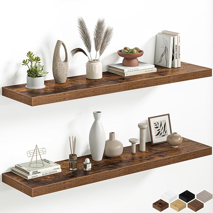 Fun Memories 48 Inch Floating Shelves, 12 Inch Deep Wall Shelves, 48 x 12 Floating Shelf Set of 2, Rustic Brown Wood Floating Shelf Wall Mounted for Large Kitchen Living Room Bedroom Bathroom Storage