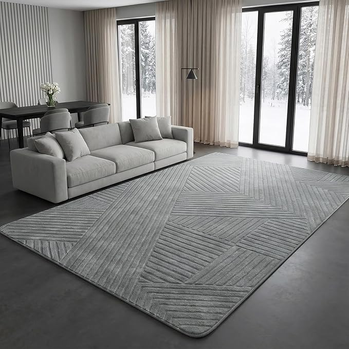 Gray 5x7 Modern Geometric Area Rug – Washable Living Room Rug, Minimalist Linear Carpet with Soft High-Low Pile, Fluffy Floor Rugs for Bedroom, Kids Room, Nursery, Home Décor, Grey