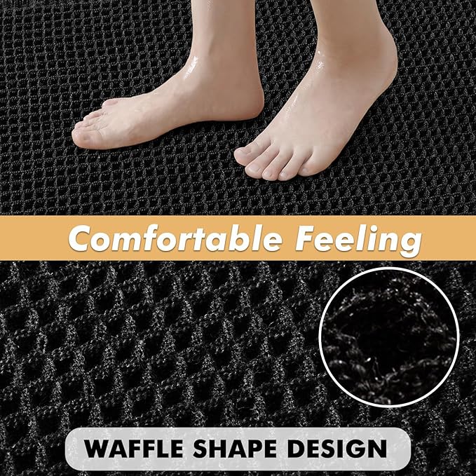 MIULEE Set of 2 Waffle Bathroom Rugs, Boho Bath Rugs Non Slip Washable, Super Absorbent Bath Mats, Ultra Soft Rubber Backed Shower Mats for Bathroom Floor, Tub, Black, 17"x24"+18"x30"