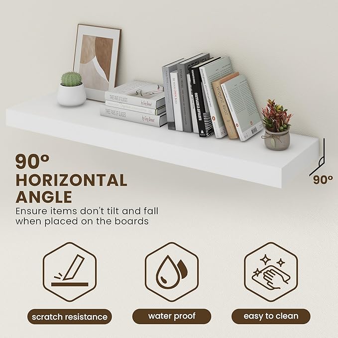 FLYJOE 48 Inch Floating Shelves | 12 Inch Deep White Floating Shelves Set of 2 | 48" W x 12" D White Wood Wall Shelves for Bathroom Living Room Kitchen Laundry Room