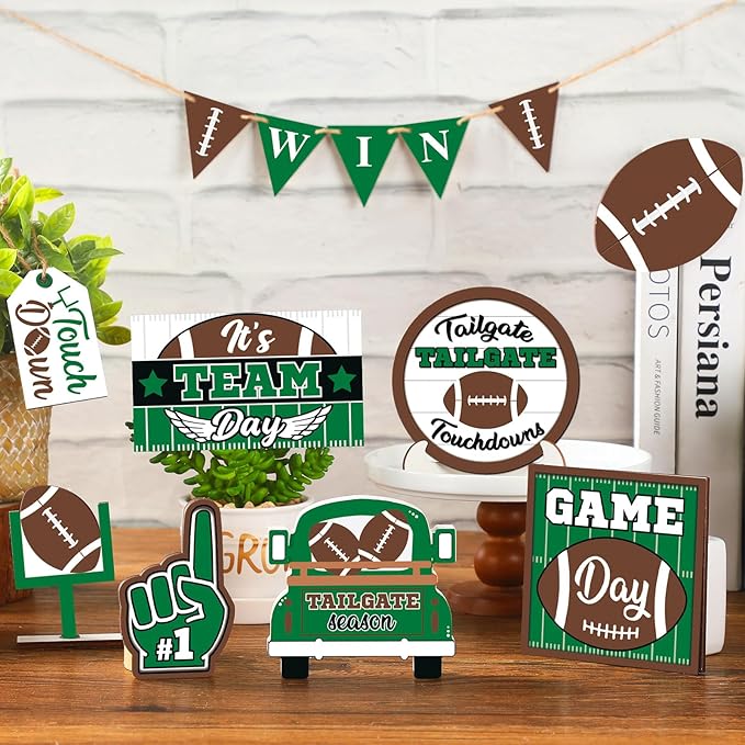 13 Pcs Football Tiered Tray Decor Wooden Football Table Centerpieces Decor Rustic Wooden Sport Game Sign for Fans Rugby Theme Party Supplies