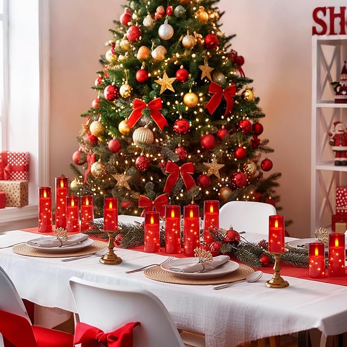 Raycare Flameless Candle with Remote Timer – 9 Flickering Acrylic Battery Operated LED Pillar Candles with Embedded Star String for Valentine's Day, Home Decor, and as a Gift (Red)