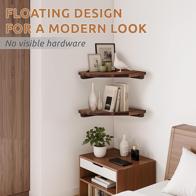 Demigo [Upgraded] Hexagon Corner Floating Shelves Wall Mount (2pcs) – Solid Acacia Wood with Hidden Brackets & Cable Hole – Rustic & Modern Space-Saving Shelves for Bedroom Living Room Office Kitchen
