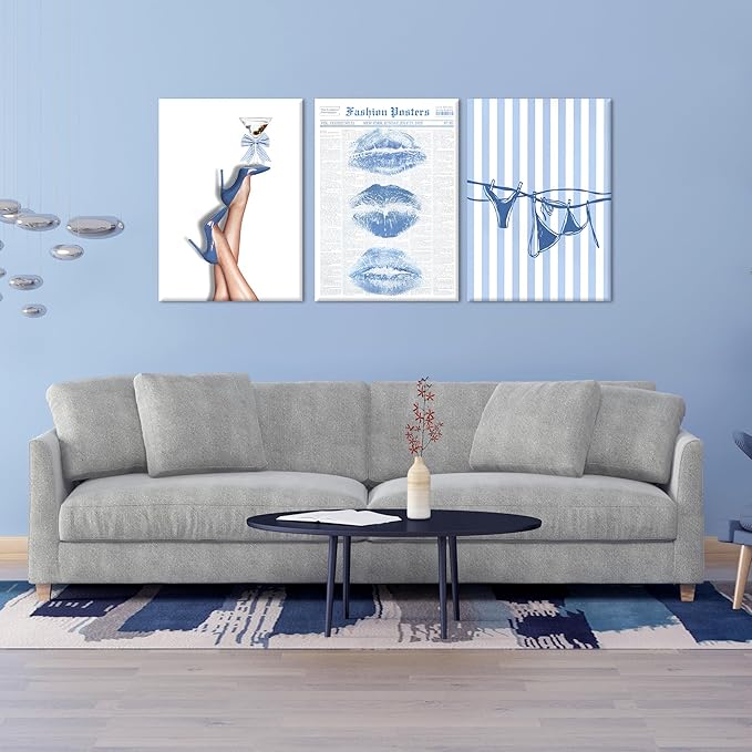 3Pcs Trendy Coquette Wall Art Blue Lips Bikini & Bow Heels Wall Decor Pictures Vintage Martini Newspapaer Canvas Posters Prints for Y2K Girly Room Dorm Apartment Preppy Aesthetic Decor 12x16in