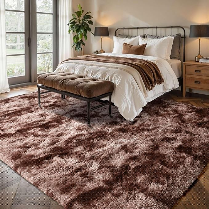 8x10 Area Rugs for Living Room Brown Fluffy Fur Bedroom Rug,Rustic Plush Non-Slip Dark Carpet for Book Room Office,Coffee Stain Resistant
