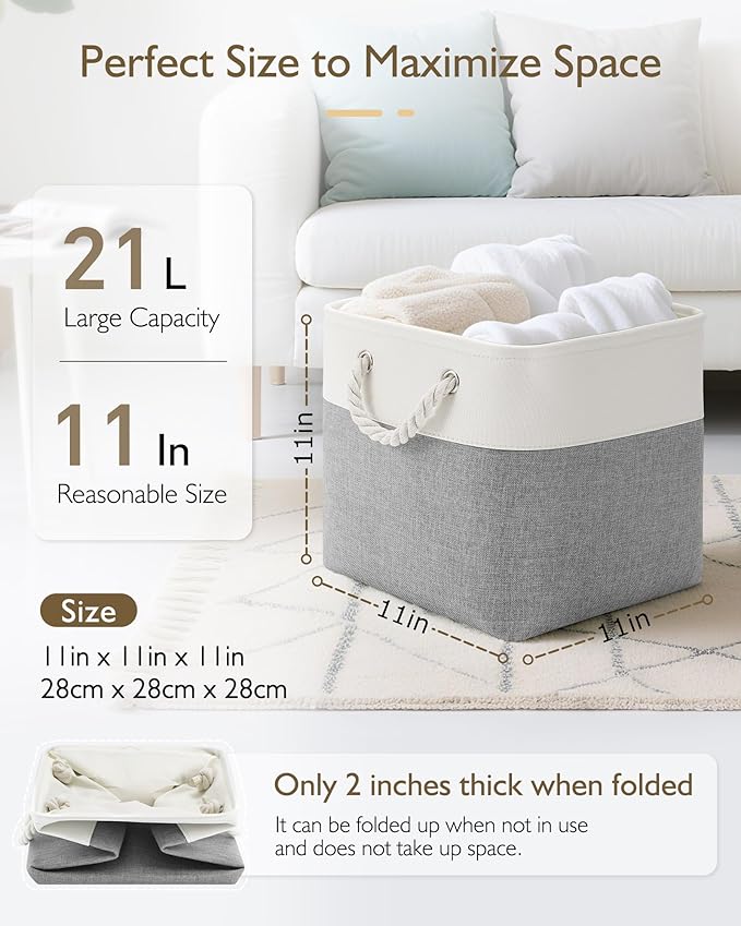 Patvingot 11 Inch Cube Storage Bins, 4 Pack Fabric Storage Cubes with Rope Handles, Organizer Baskets for Closet Shelves, Clothes and Home Organization(White/Gray)