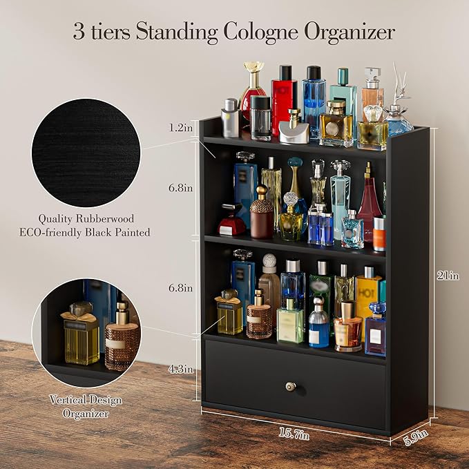 3 Tier Cologne Organizer for Men, Wooden Perfume Organizer Cologne Stand with Drawer Storage Large Capacity, Gift for Men (Black)