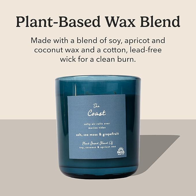Pacha Soap Co. The Coast Candle - Salt, Sea Moss, and Grapefruit Scented, Soy, Coconut & Apricot Wax Blend, Cotton Wick, 60+ Hour Burn Time, Paraffin-Free, Recyclable, Long-Lasting, Made in USA, 12 oz