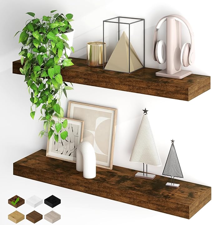 Fun Memories Floating Shelves for Wall, 32Inch Floating Shelves Set of 2, Hanging Shelf with Invisible Brackets, Wood Shelves for Living Room, Bedroom, Kitchen, Brown