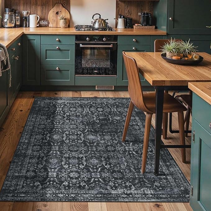 Rugxara 4x6 Rug for Living Room Bedroom, Black Washable Throw Rugs, Vintage Retro Boho Area Rugs, Non Slip & Low Pile Accent Throw Carpet for Indoor Dining Room, Kids Room and Office(Black 4x6ft)