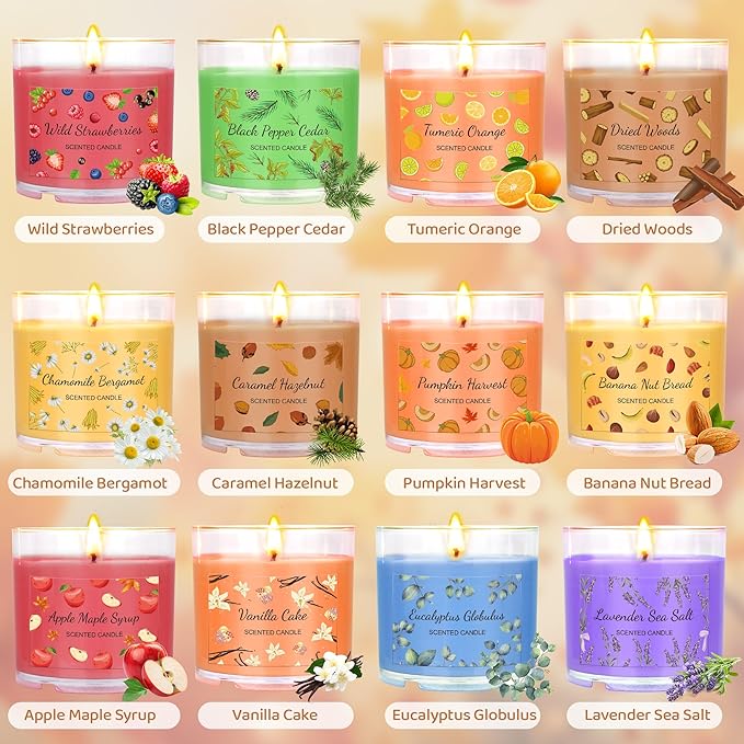 Fall Candles Bulk, 12 Pack Scented Candles for Home, Candle Set for Women, Small Soy Candles Scent of Pumpkin Vanilla Caramel Lavender, Mini Candle Gift Set for Birthday Halloween Christmas Birthday