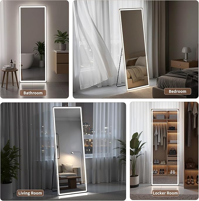 Full Length Mirror with Lights, 71" x 26" LED Floor Mirror, Full Body Dressing Standing Mirrors with Dimming & 3 Color Lighting, Hanging Mounted Mirrors for Living Room Bedroom Cloakroom