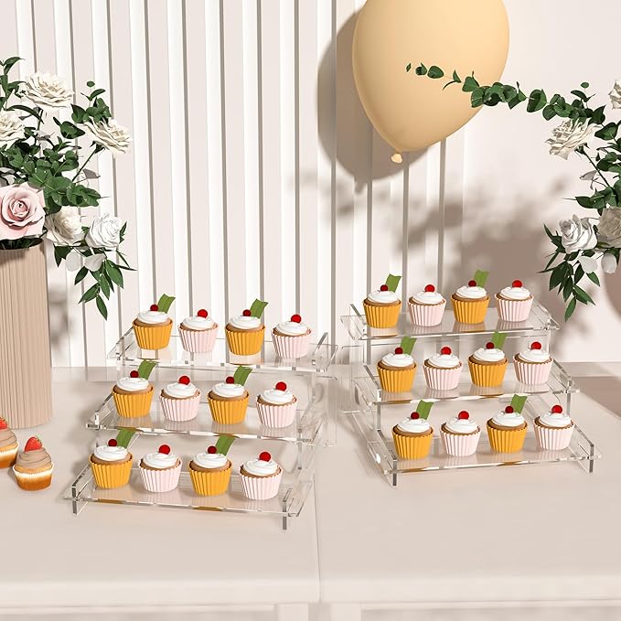 Clear Acrylic Display Risers – 3-Tier Shelf Stand for Cupcakes, Perfume, Figures, Collectibles & Desserts – Decorative Organizer for Party, Vanity, or Retail Display(Small)