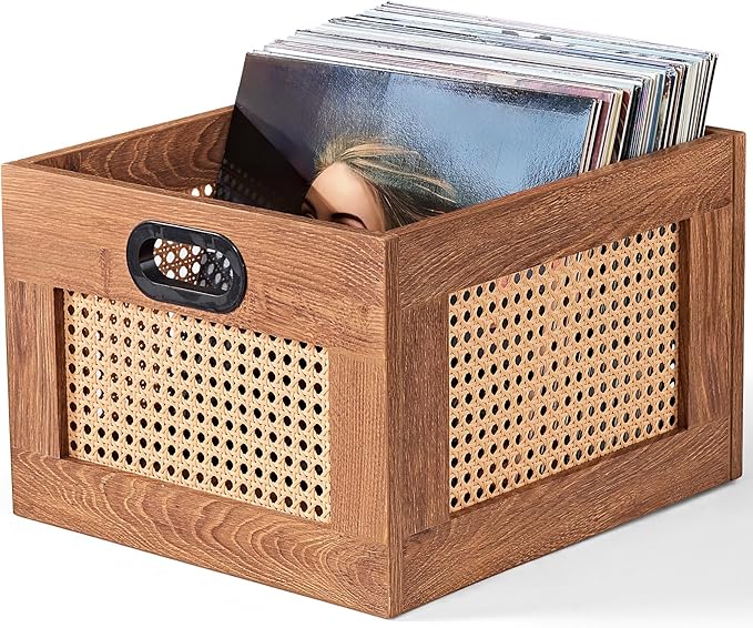 LELELINKY Vinyl Record Storage Crate, Rattan Vinyl Record Holder with Handle, Wood Record Crate for Vinyls Holder up to 75 LP's, Desktop Cube Album Storage for Vinyls Records(Tea Brown)
