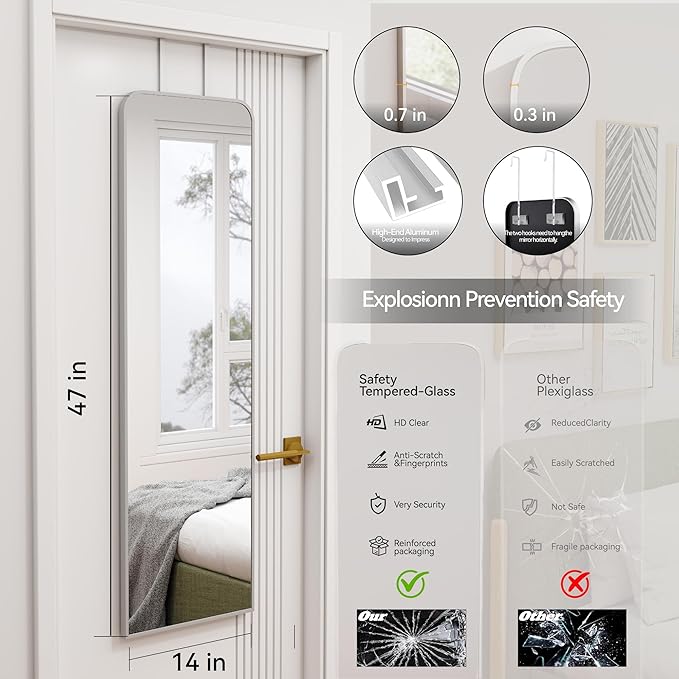 SCWF-GZ 47x14 Mirror Full Length Door Hanging Wall Mounted Aluminum Alloy Metal Frame Dressing Make-up Save Space Half Body Mirrors for Entryway Bedroom Bathroom Living Room 47 inch Silver