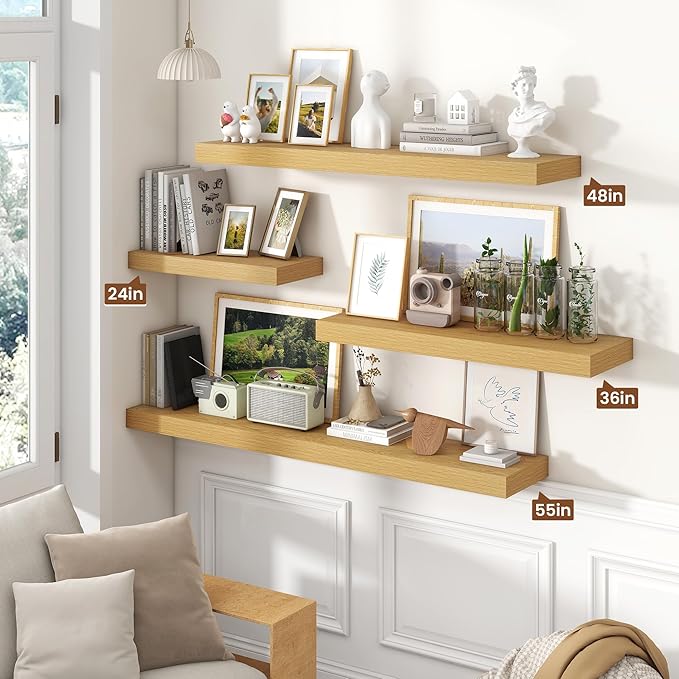 Heimlove Floating Shelves for Wall 48 Inch Long,Extra Large and Thick Wood Shelves Mounted Storage Hanging Shelf Invisible Bracket for Bedroom,Living Room,Kitchen,Office,Set of 2,Oak