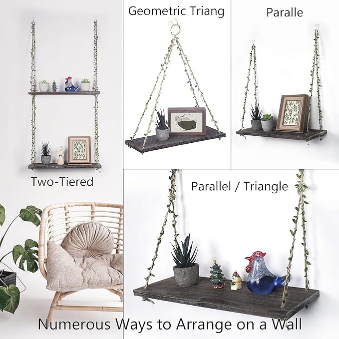 MITIME Hanging Shelves for Indoor Wall and Window - Floating Wall Shelves for Plant Display, Boho Style Home Decor.(Leaf Rope, Retro Color,Large*2)