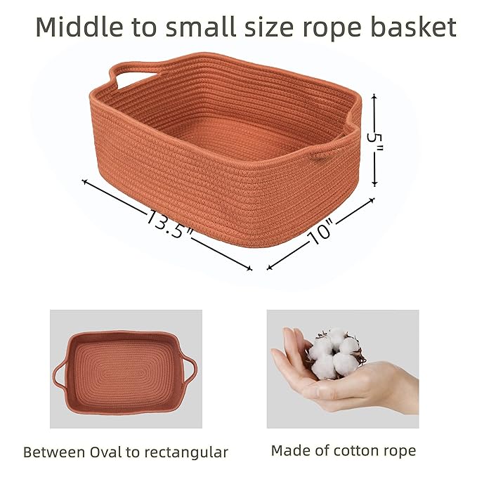 XUANGUO Woven Cotton Rope Storage Basket with Handles for Organizing Shelves Closet Small Cat Dog Pet Toy Baskets Box Bin Decorative Rectangle Baby Nursery Basket Gift Basket Empty (Rust)