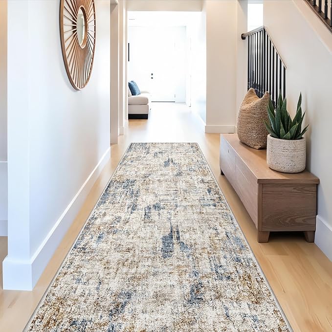 3x12 ft Long Hallway Runner Rug - Non-Slip Washable Kitchen Rug with Rubber Backing,Modern Abstract Neutral Thin Low Pile Floor Carpet Runner for Entryway,Bedroom,Living Room（Blue Brown）