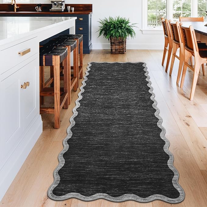 GarveeHome Scalloped Washable Runner Rug 2x6 Runner Modern Non Slip Kitchen Rugs Farmhouse Entryway Rug Soft Bathroom Rugs Stain Resistant Carpet for Laundry Bedroom 2 ft x6 ft Black