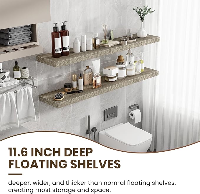 Acovy 55 Inch Floating Shelves, 12 Inch Deep Floating Shelves for Wall, Floating Shelf with Invisible Brackets, Deep Shelves for Bathroom, Bedroom, Living Room, 1 Pack, Grey