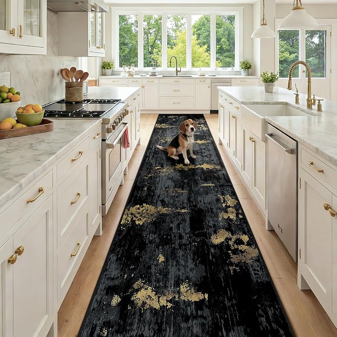 RELEANY Washable Area Rugs 2'6"x12 Non-Slip Modern Abstract Soft for Living Room Entryway Bedroom Nursery, Print Pattern, Dark Black Gold
